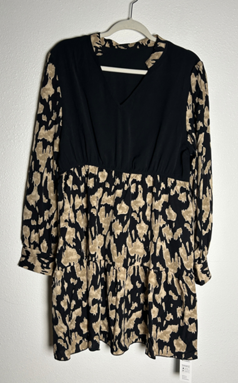 Nwt Cupshe Size XL - V-Neck Black Knee Length Dress With Animal Tan Print